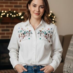 Et Al Snowman Embroidered White Button-Up Shirt